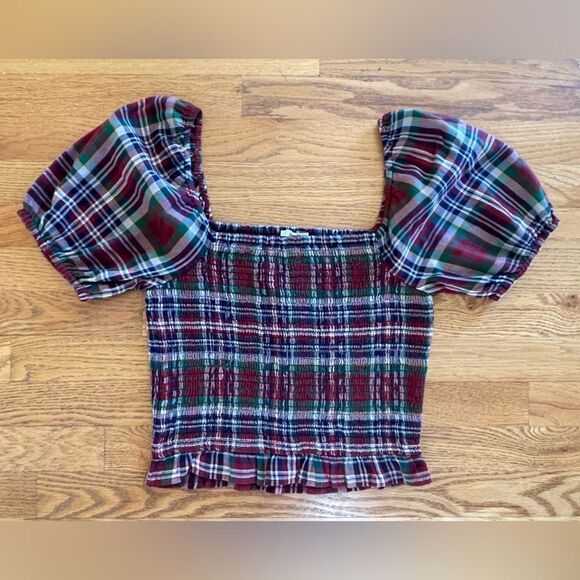 American Eagle Red Plaid Puff Sleeve Top - Picture 1 of 6
